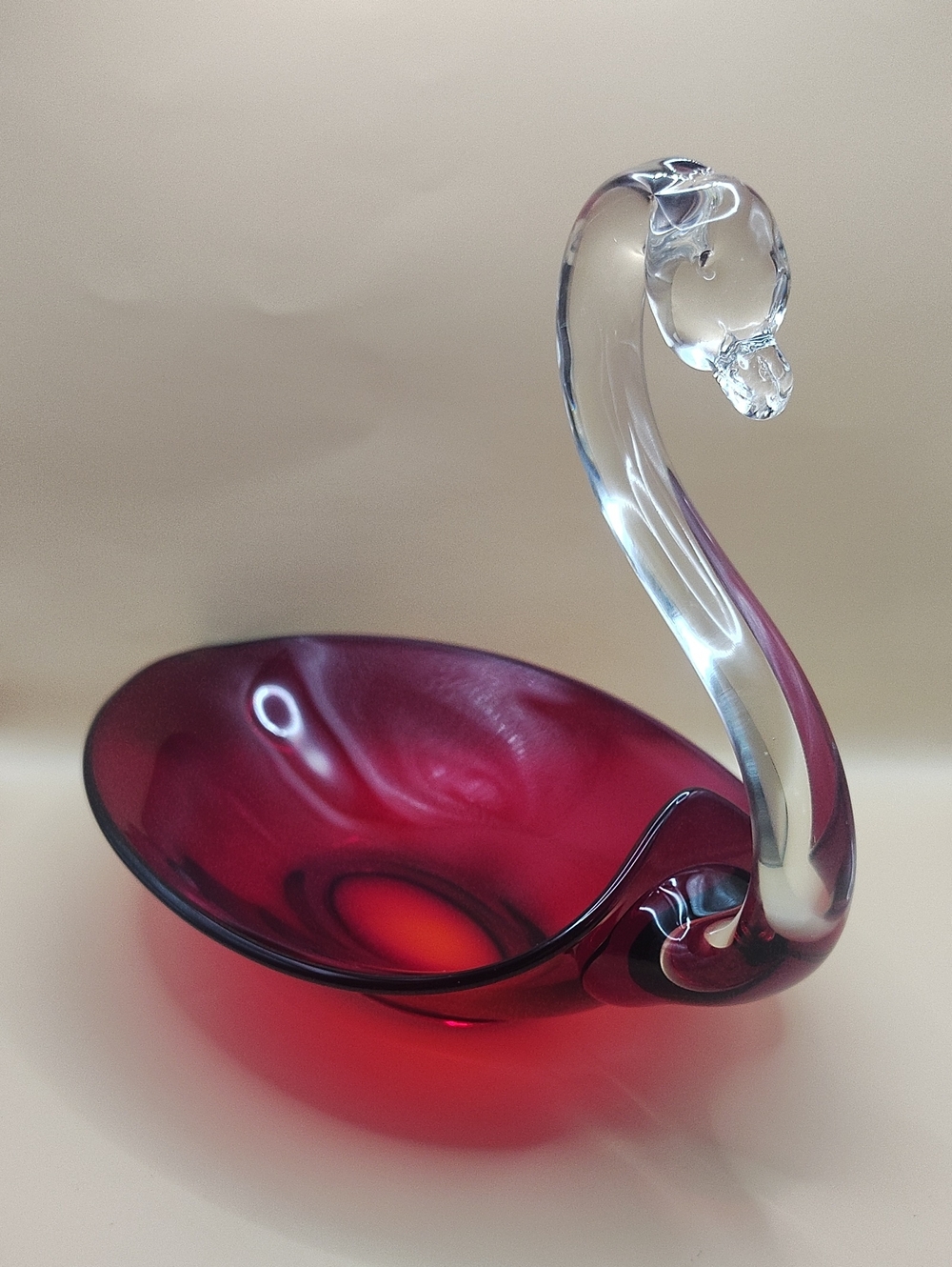 Vintage Duncan & Miller Pall Mall Ruby Red Art Glass Swan Dish